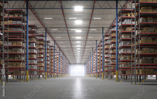 Warehouse interior with loaded rows of shelves. Huge warehouse interior.
