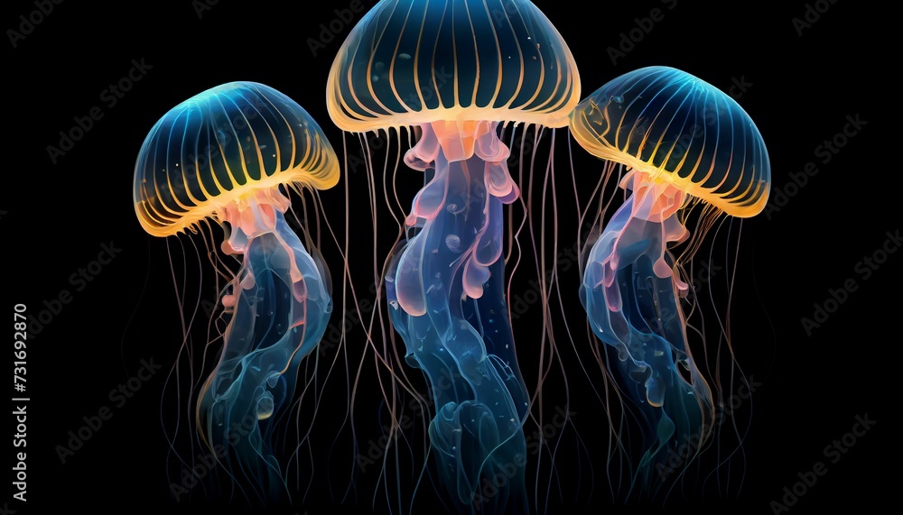 AI generated illustration of three luminous jellyfish illuminated against a dark backdrop