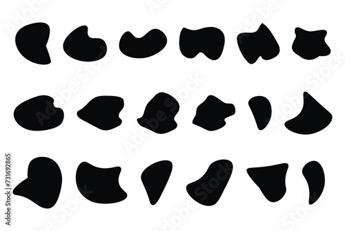 Blob irregular shape organic set, random black simple shapes. Pebble, inkblot stone silhouettes.