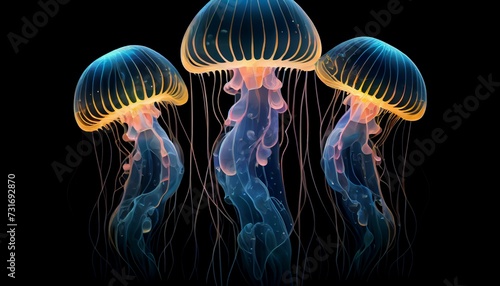 AI generated illustration of three luminous jellyfish illuminated against a dark backdrop