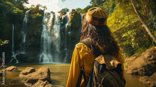 Young happy woman in tourist camp enjoying fresh water waterfall traveling rainforest. Nature day tour, hiking activity adventure and fun on family summer vacation