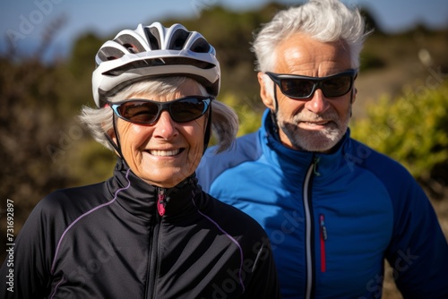 Active senior couple in sportswear riding bicycles on sunny morning in the mountains © sergo321