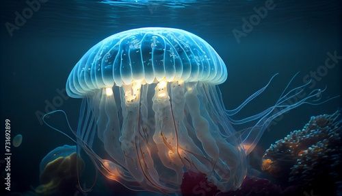 AI generated illustration of glowing Jellyfish in underwater ocean