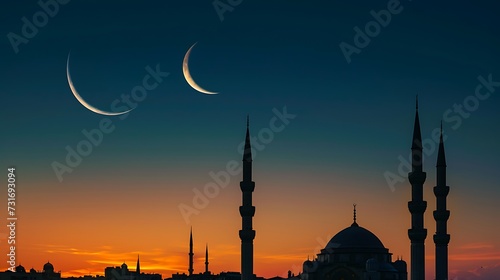 Silhouettes of mosque with moon Symbol of Islam on dome of mosque.