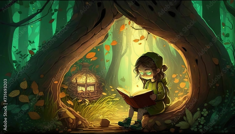 AI-generated illustration of a young female enjoying a book in a tranquil setting of a tree.