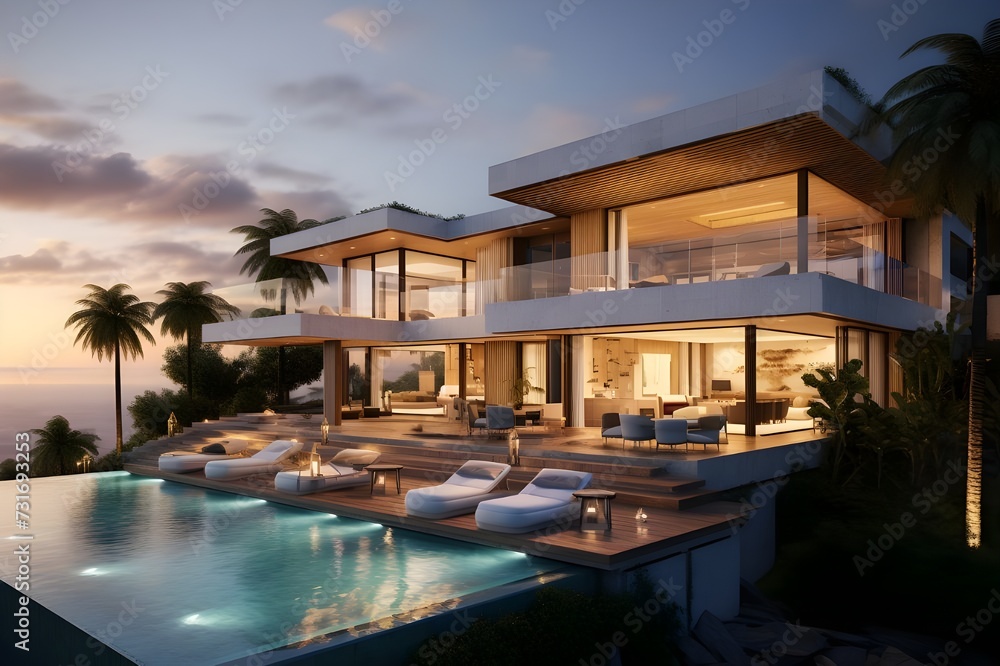 Seaside Contemporary Villa: A luxurious coastal villa with floor-to-ceiling windows offering panoramic views of the ocean and a private infinity pool.
