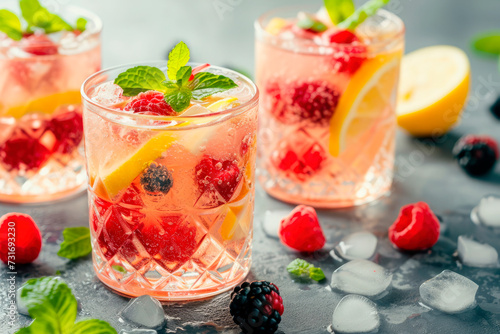 refreshing summer drink with berries and ice and lemon