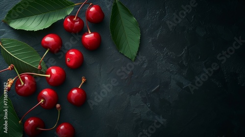 A banner with cherry berries on a black background. Dark background with a cherry, copy space.