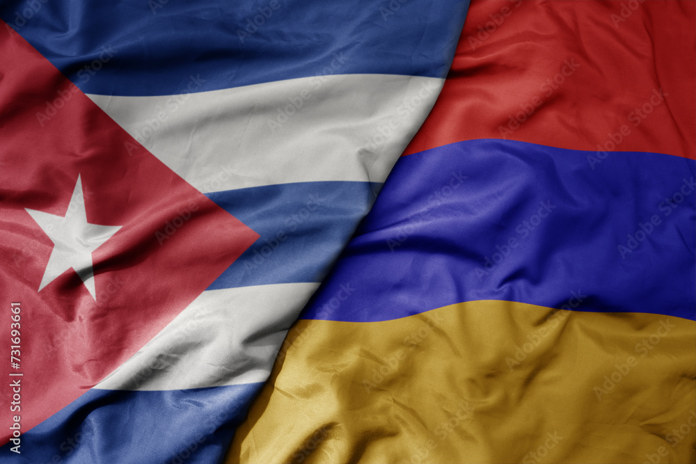 big waving national colorful flag of armenia and national flag of cuba . big waving national colorful flag of armenia and national flag of cuba .