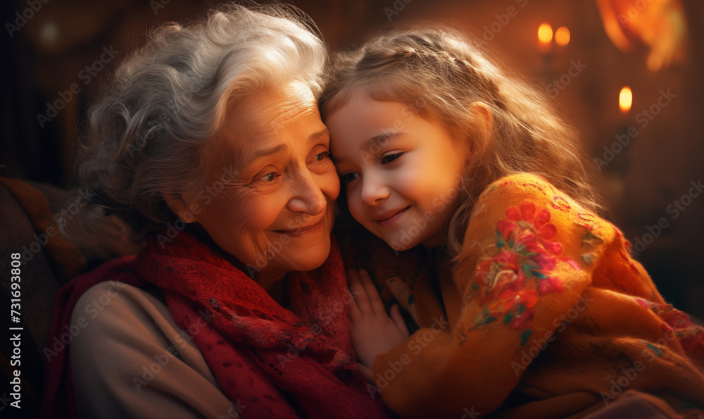 The grandmother holds her granddaughter in her arms, generated by AI The grandmother holds her granddaughter in her arms, generated by AI
