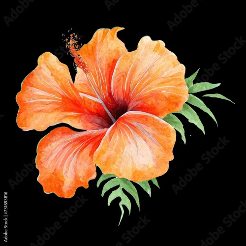 AI generated illustration of a beautiful watercolor orange hibiscus flower on a black background