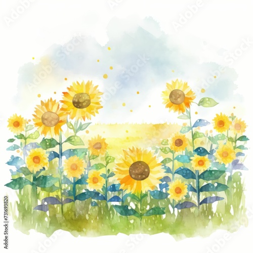 AI generated illustration of a beautiful watercolor sunflower field on a white background