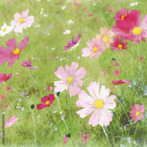 AI generated illustration of beautiful watercolor pink cosmos flowers on a field
