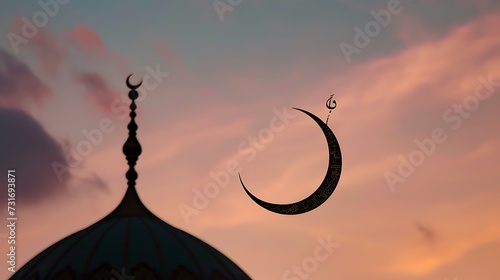 Silhouettes of mosque with moon Symbol of Islam on dome of mosque.
