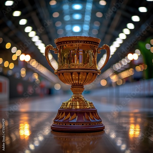 Golden trophy winner cup blurred background of sports ground hall