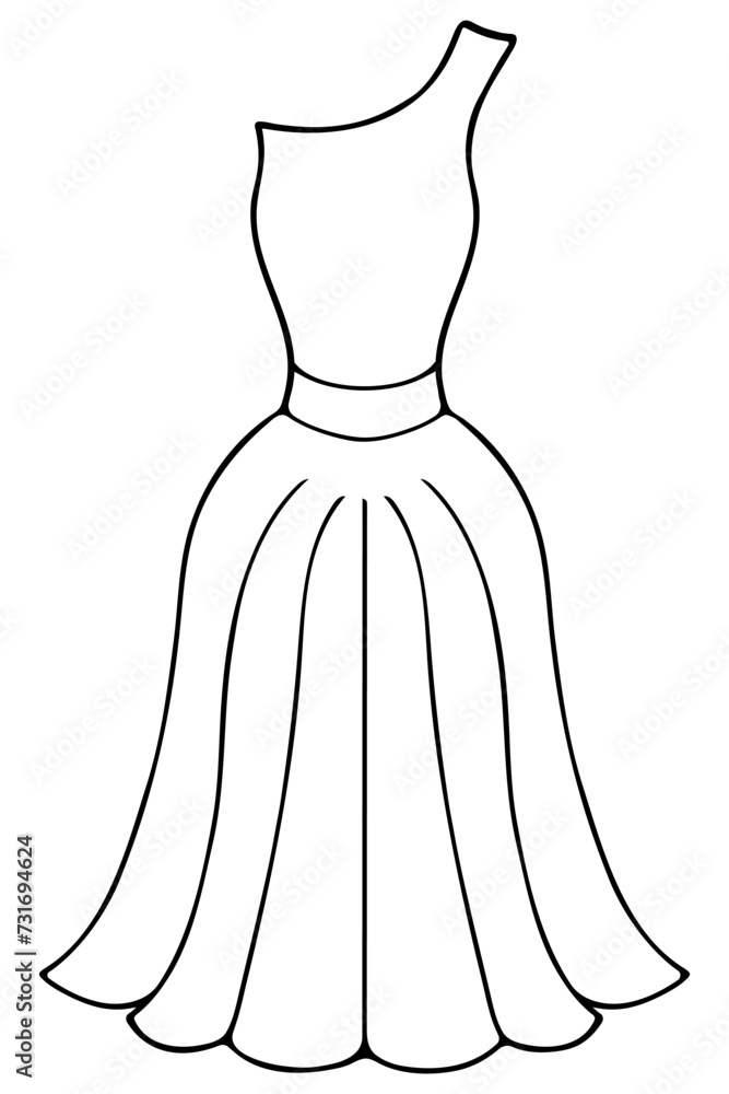 Evening dress with one strap. One-shoulder sundress, floor-length, with a full skirt. Sketch. Women's clothing with a narrow waist and pleated hem. Vector illustration. Doodle style. Evening dress with one strap. One-shoulder sundress, floor-length, with a full skirt. Sketch. Women's clothing with a narrow waist and pleated hem. Vector illustration. Doodle style.
