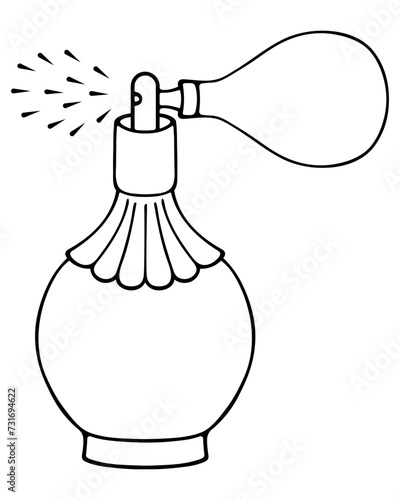 Spray fragrant perfume. By pressing on the pear-shaped spray bottle. Sketch. A pot-bellied glass bottle with fragrant eau de toilette. Vector illustration. Doodle style. 