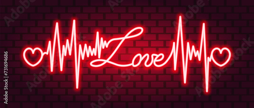 Love. The text is decorated with a pulse and hearts. Red neon glow. Color vector illustration. Isolated red brick background. Broken zigzag line and romantic italic inscription. Idea for web design photo