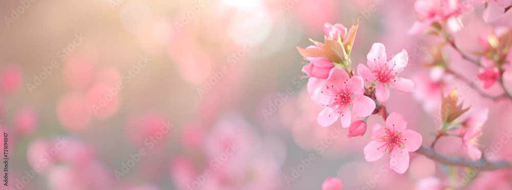 small pink flowers on a tree branch, with natural, colorful bokeh background, horizontal banner, copy space for text, nature and spring equinox concept 