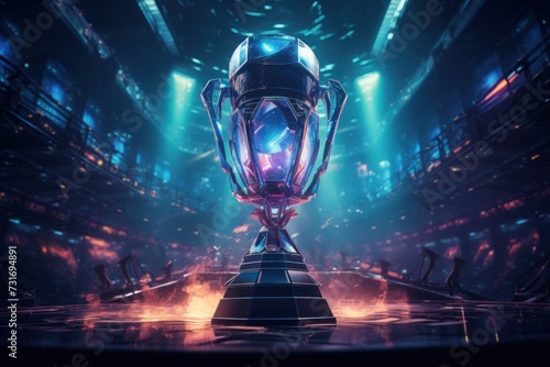 Gleaming Esports Trophy Shines Under Spotlight at a Prestigious Gaming Tournament Event