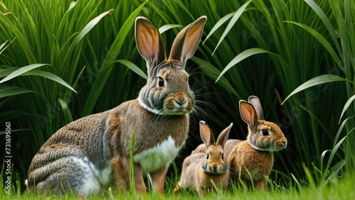 AI generated illustration of a mother rabbit in a meadow surrounded by her three young offspring © Wirestock