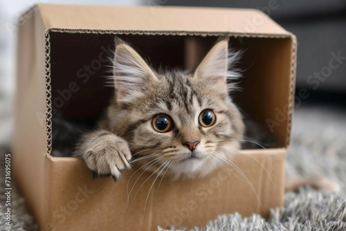 Feline hideaway Cute cat in cardboard box on cozy carpet