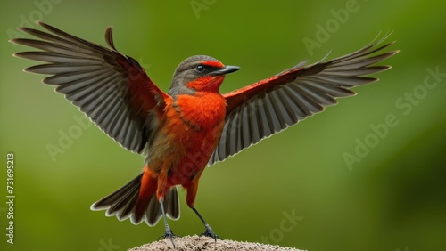 AI generated illustration of a small Vermilion Flycatcher flapping its wings in the sunlight