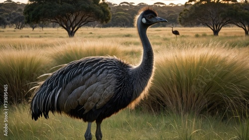 AI generated illustration of a solitary emu in a high grass steppe with trees
