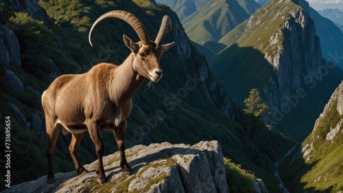 AI generated illustration of a Capricorn atop a rocky precipice  overlooking a mountainous landscape