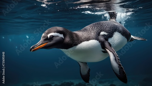 AI generated illustration of a black and white penguin submerged in a clear body of water