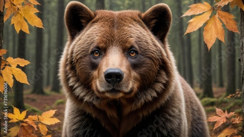 a bear in the woods with many yellow leaves around it