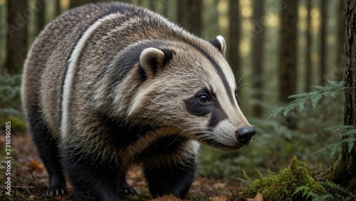 a badger walking along a forest path through the woods at night © Wirestock