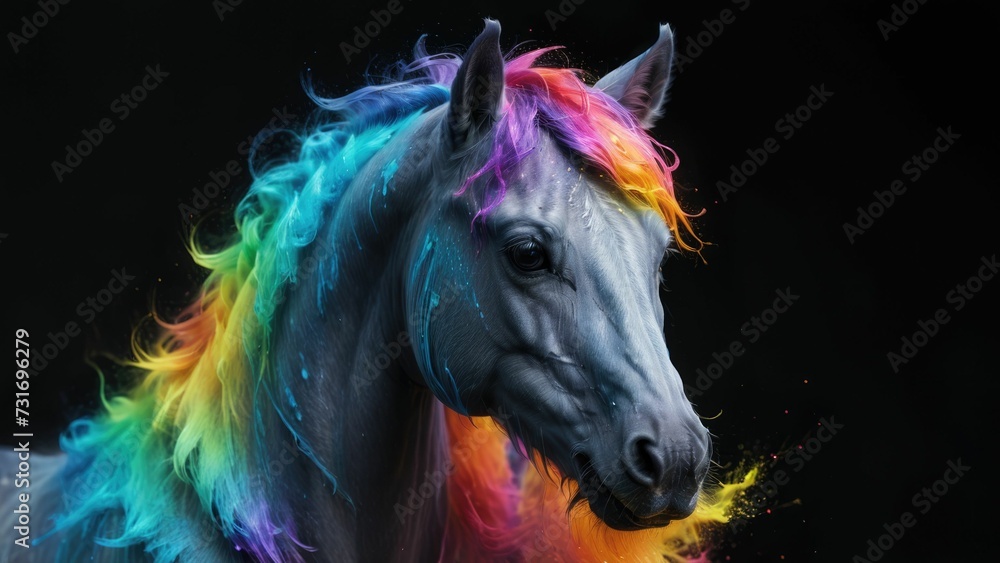 AI generated illustration of a majestic horse, with vibrant colors of its mane and fur AI generated illustration of a majestic horse, with vibrant colors of its mane and fur