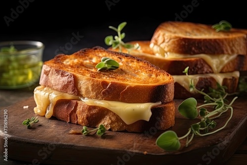 AI generated illustration of delicious grilled cheese sandwiches served on a cutting board photo