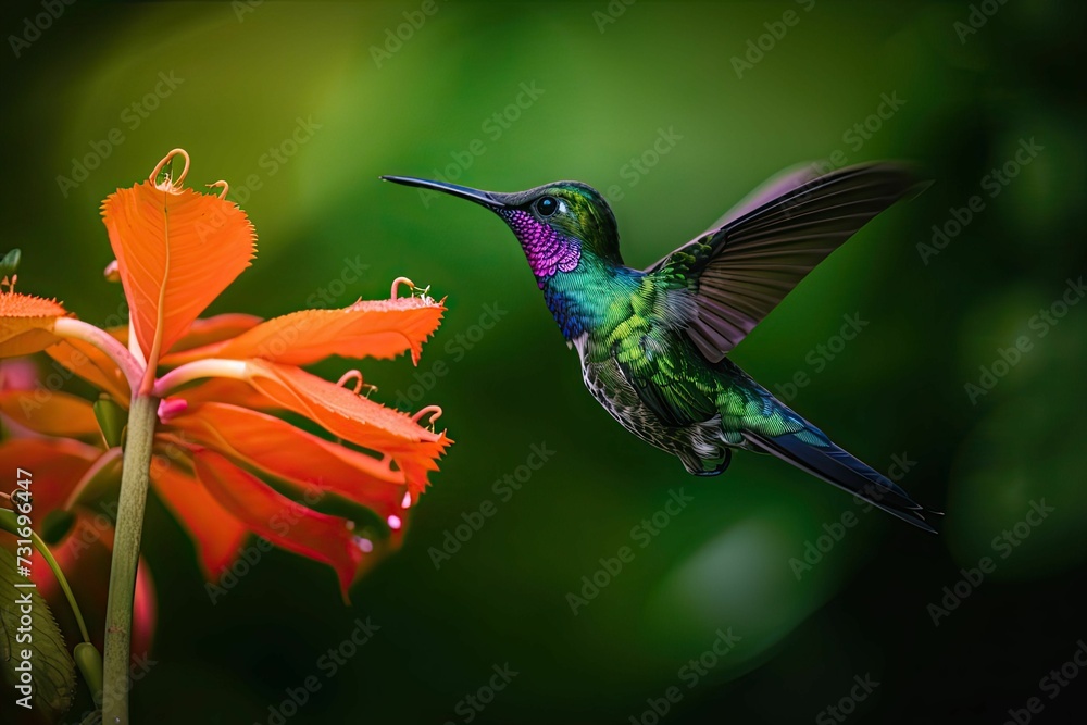 Fototapeta premium AI generated illustration of a vibrant hummingbird is captured in flight near an orange flower