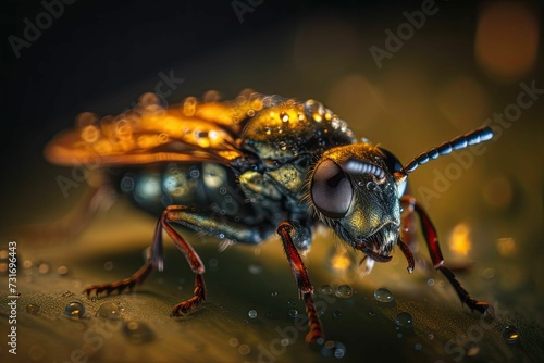 AI generated illustration of a detailed bug with large eyes and fuzzy legs covered in droplets © Wirestock