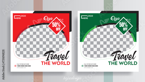 Travel agency social media template design, Set of three travel adventure social media pack template premium vector, Traveling and holiday tour vacation for instant or social media post banner ads. photo