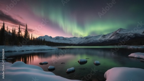 AI generated illustration of the awe-inspiring Aurora Borealis above a froze