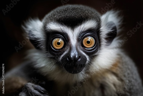 AI generated illustration of a lemur's face on a dark background © Wirestock
