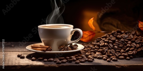 A cup of hot coffee on the table with high quality roasted coffee beans