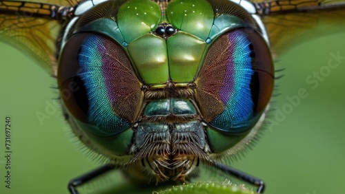 An AI illustration of a close up of a very pretty green dragon fly with blue eyes