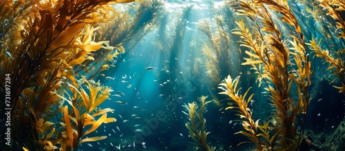 Brown stalked kelp Ecklonia radiata providing shelter for small fish beneath dense fronds.