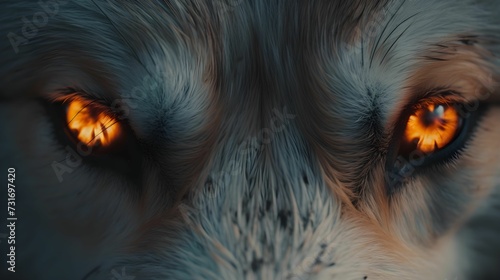 AI generated illustration of a close-up shot of a wolf's face, focusing on the animal's eyes photo
