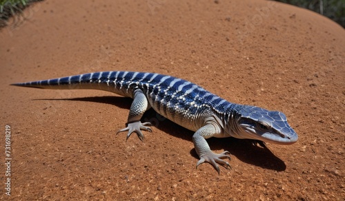 AI-generated illustration of a blue lizard basking on the reddish sand
