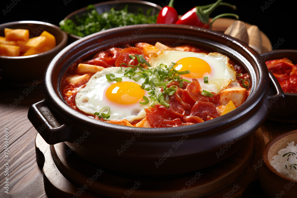 Korean hot pot in a pan with fried egg