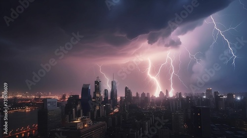 AI generated illustration of a majestic city skyline illuminated by a powerful thunderstorm