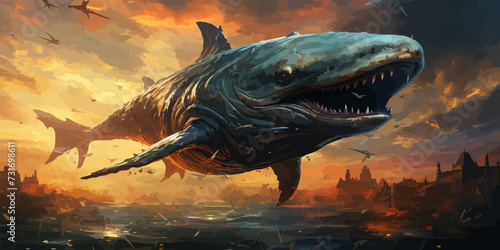 fantasy scenery of a giant whale flying above city against sunset sky, digital art style, illustration painting