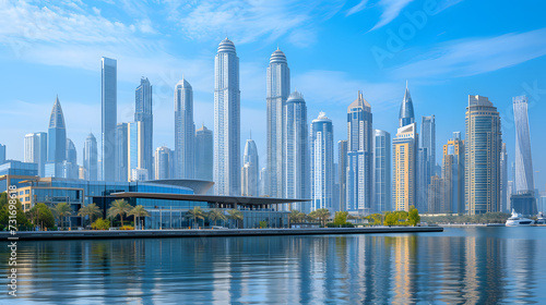 An intricate city skyline, with modern skyscrapers as the background, during a clear day