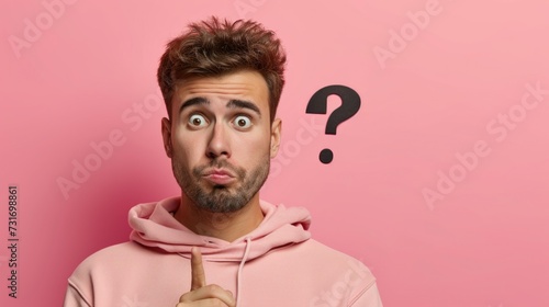 portrait of a person. man with a question mark. photo of a man wearing sweatshirt, question symbol, question gesture, worried face expression
