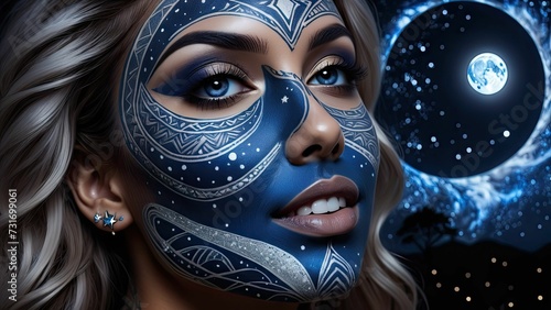 An AI illustration of woman with painted makeup and face painting in blue night with moon